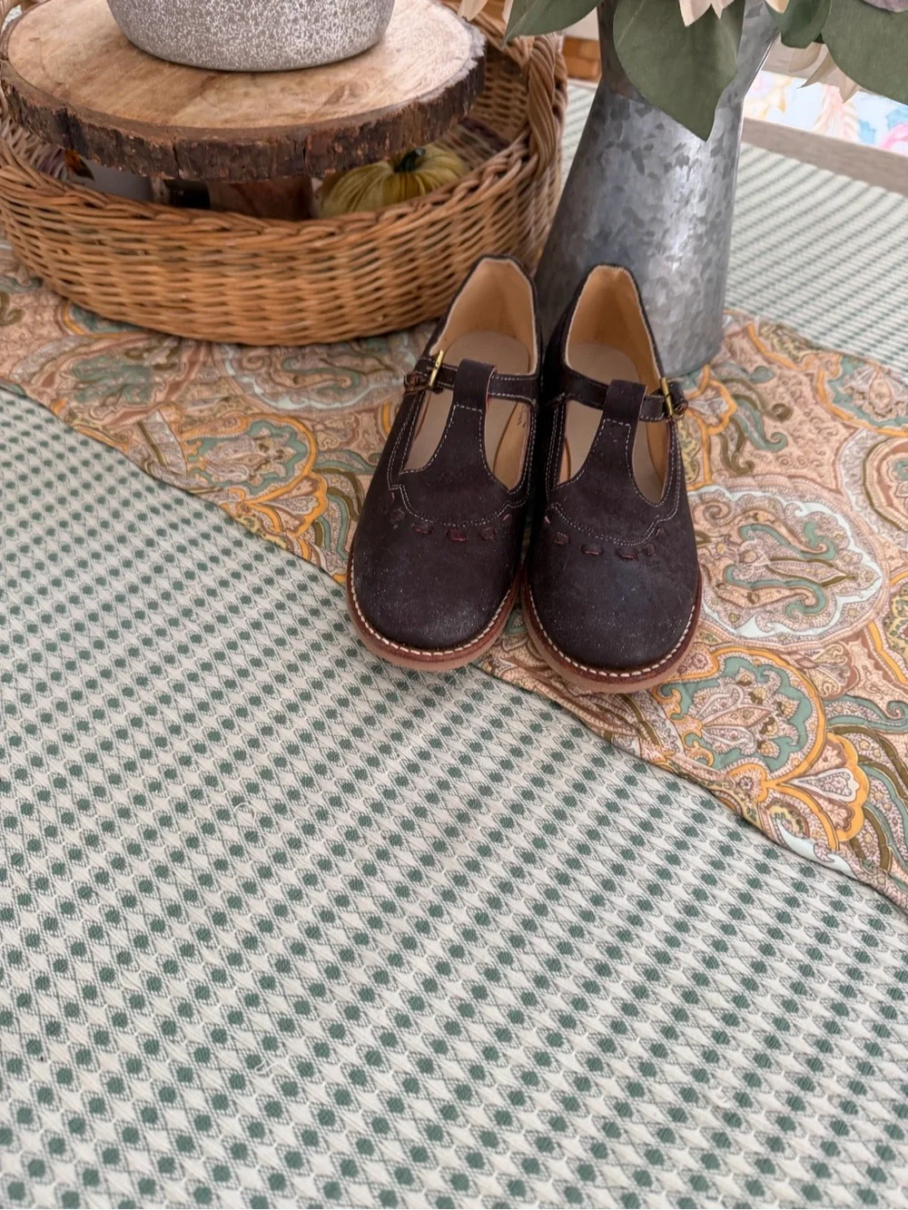 Vintage Handmade Dark Brown Suede Mary Jane Leather Shoes with Buckle Sz 3
